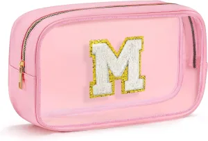 Waterproof Small Cosmetic Bag - Travel Bag Makeup Pouch, Clear Initial Makeup Bag Birthday Gifts Preppy Stuff for Women Travel Essentials (Pink Letter M)