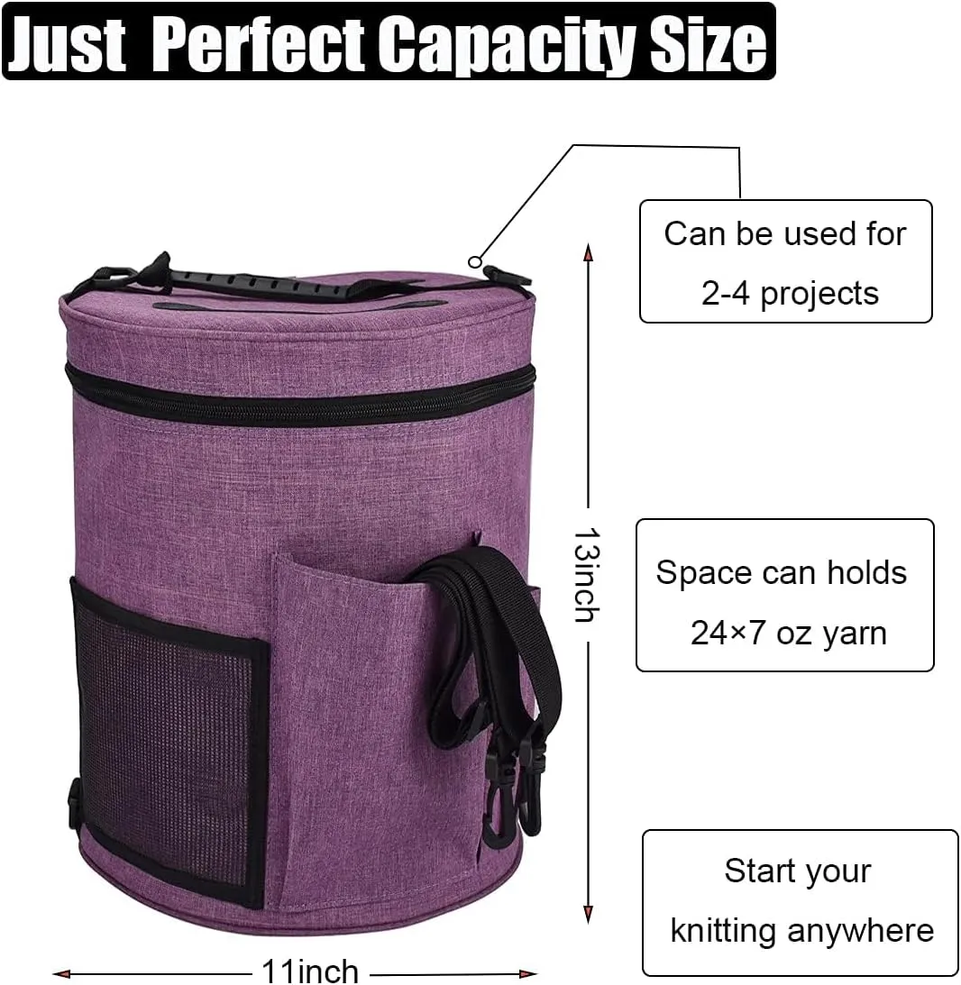 Weabetfu Large Capacity Portable Yarn Organizer Knitting Tote Storage Bag with Shoulder Strap Yarn Bags Have Pocket for Crochet Hooks,Knitting Needles & Accessories,Prevent Yarn Tangle(Purple)
