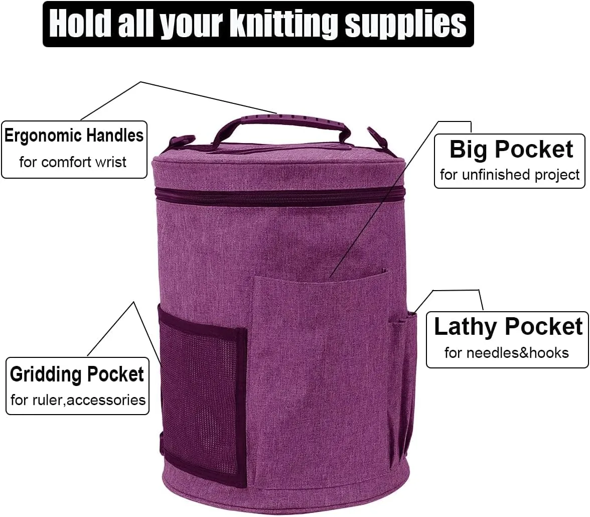 Weabetfu Large Capacity Portable Yarn Organizer Knitting Tote Storage Bag with Shoulder Strap Yarn Bags Have Pocket for Crochet Hooks,Knitting Needles & Accessories,Prevent Yarn Tangle(Purple)