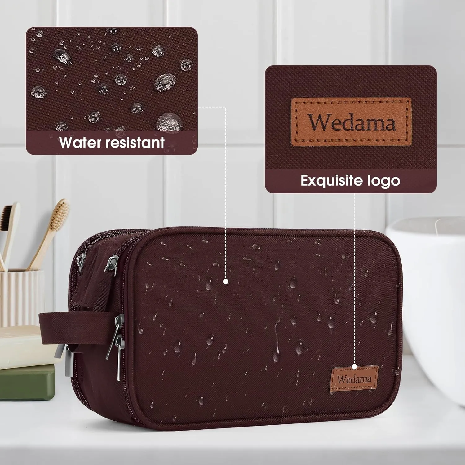 Wedama Thickened Polyester Toiletry Bag Men - Waterproof Dopp Kit for Business Trips, Camping, Brown