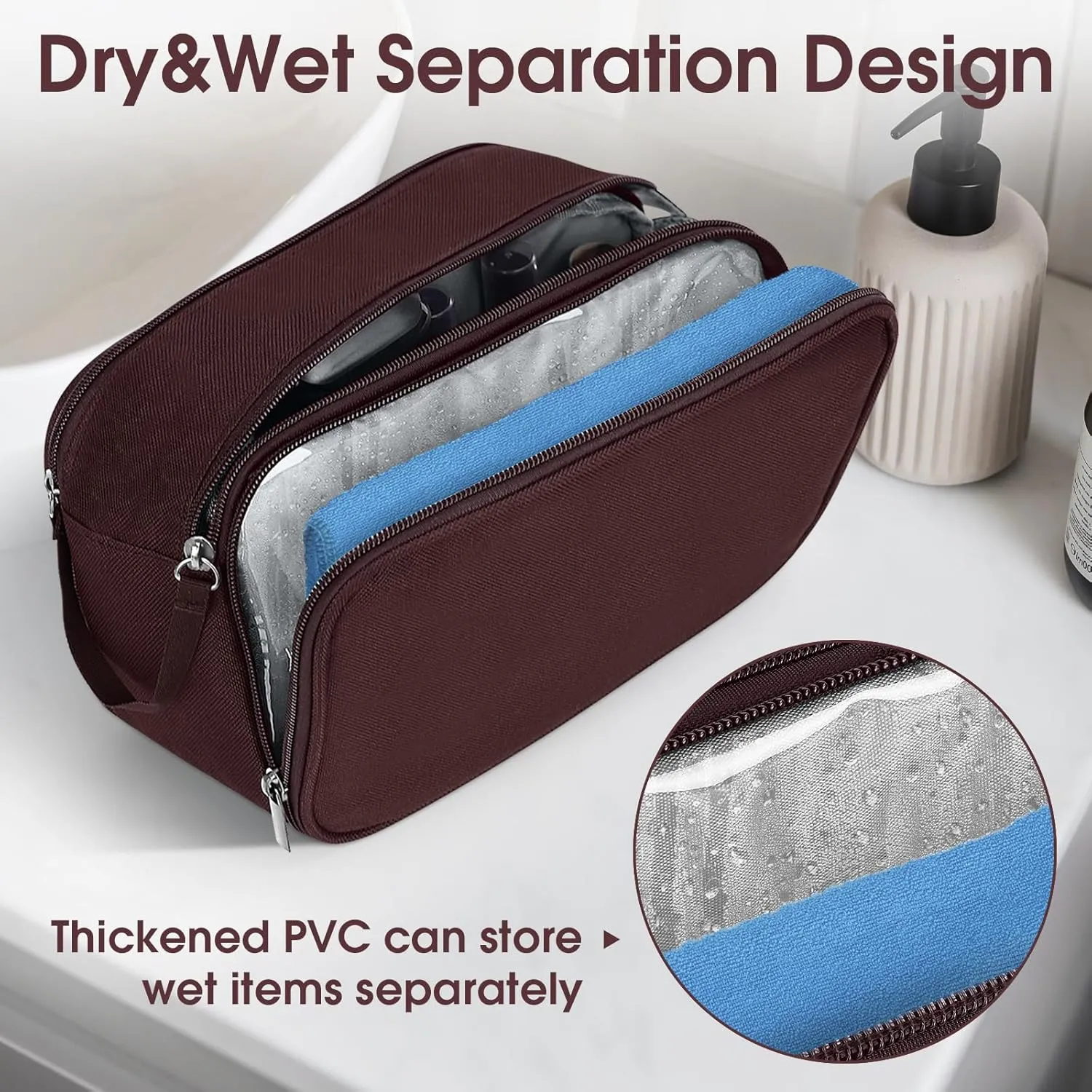 Wedama Thickened Polyester Toiletry Bag Men - Waterproof Dopp Kit for Business Trips, Camping, Brown