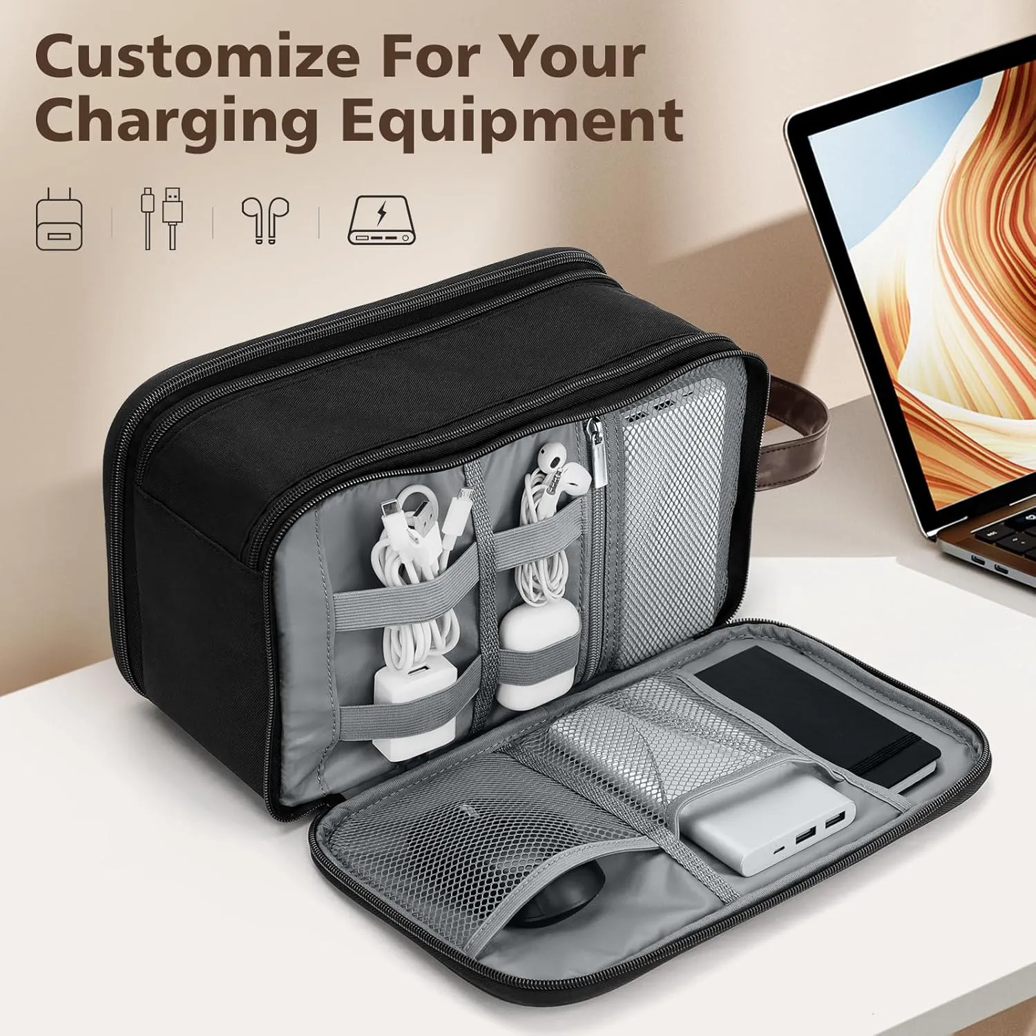 Wedama Toiletry Bag for Men, Large Hanging Travel Toiletry Bag, Extra Electronic Organizer Bag Waterproof Shaving Bag for Toiletries with PU Handle for Travel Business Trips Swim Camping, Black&Brown
