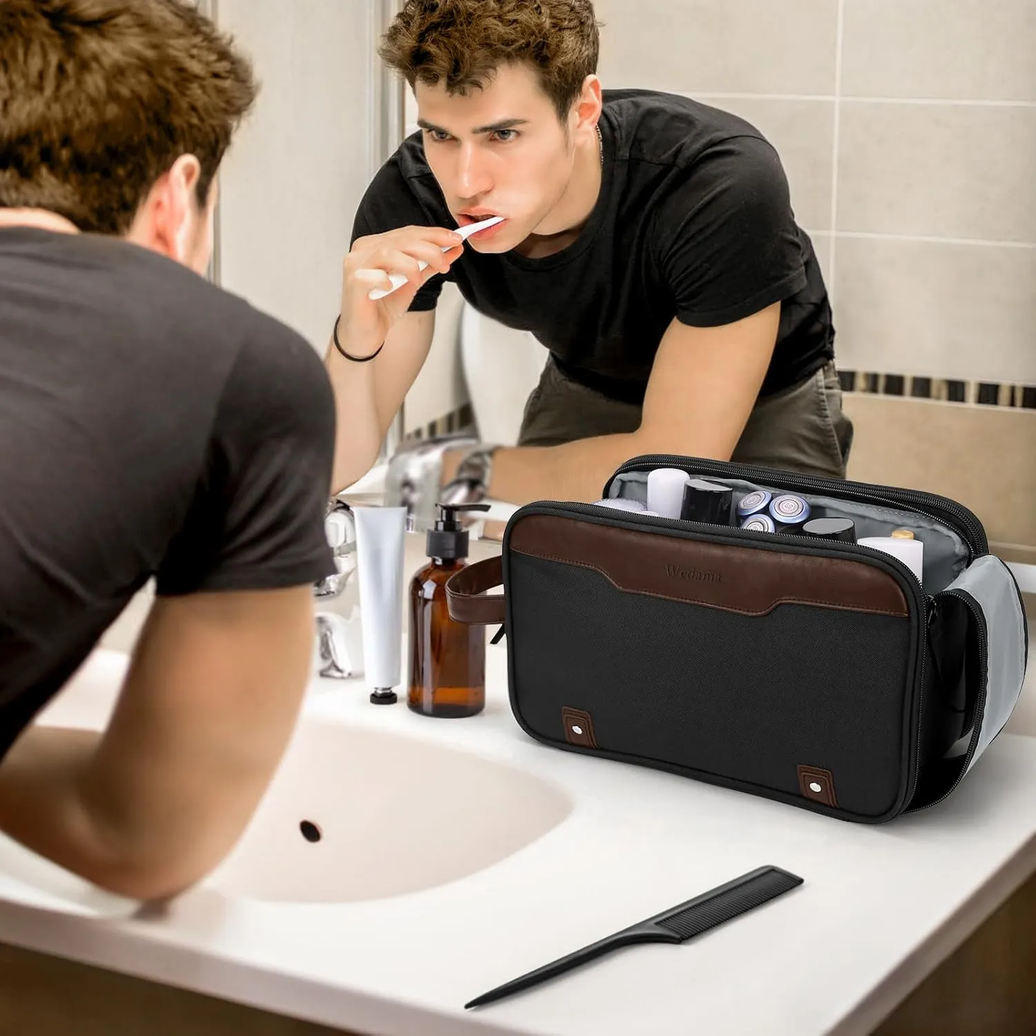 Wedama Toiletry Bag for Men, Large Hanging Travel Toiletry Bag, Extra Electronic Organizer Bag Waterproof Shaving Bag for Toiletries with PU Handle for Travel Business Trips Swim Camping, Black&Brown