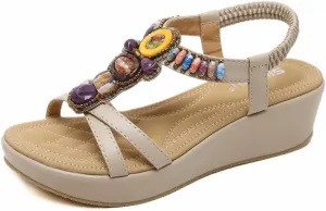 Wedge Sandals for Women Casual Summer Bohemian Rhinestone Beaded Platform Sandals Breathable Cutout Open Toe Elastic Band Dress Sandals Comfy Elastic Slingback T Strap Mid Heeled Beach Sandals