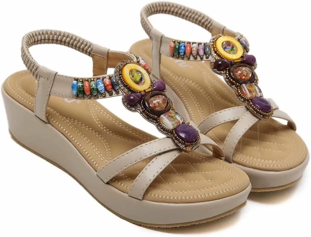 Wedge Sandals for Women Casual Summer Bohemian Rhinestone Beaded Platform Sandals Breathable Cutout Open Toe Elastic Band Dress Sandals Comfy Elastic Slingback T Strap Mid Heeled Beach Sandals