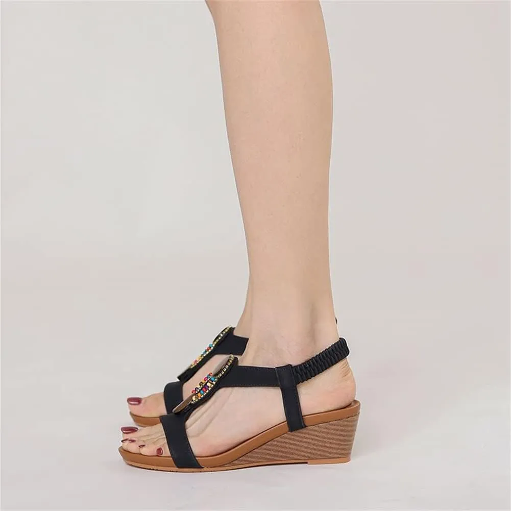 Wedge Sandals for Women Casual Summer Bohemian Rhinestone Beaded Platform Sandals Breathable Cutout Open Toe Elastic Band Dress Sandals Comfy Elastic Slingback T Strap Mid Heeled Beach Sandals