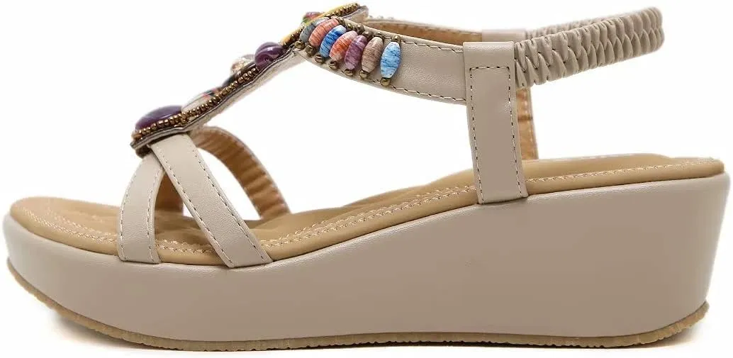 Wedge Sandals for Women Casual Summer Bohemian Rhinestone Beaded Platform Sandals Breathable Cutout Open Toe Elastic Band Dress Sandals Comfy Elastic Slingback T Strap Mid Heeled Beach Sandals