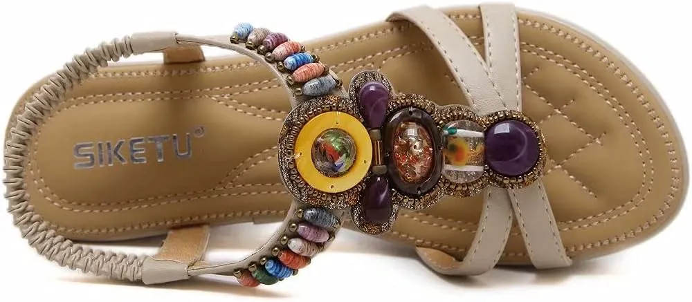 Wedge Sandals for Women Casual Summer Bohemian Rhinestone Beaded Platform Sandals Breathable Cutout Open Toe Elastic Band Dress Sandals Comfy Elastic Slingback T Strap Mid Heeled Beach Sandals