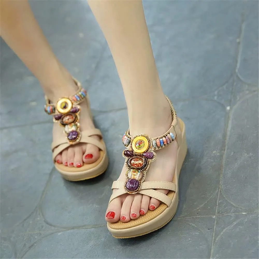 Wedge Sandals for Women Casual Summer Bohemian Rhinestone Beaded Platform Sandals Breathable Cutout Open Toe Elastic Band Dress Sandals Comfy Elastic Slingback T Strap Mid Heeled Beach Sandals