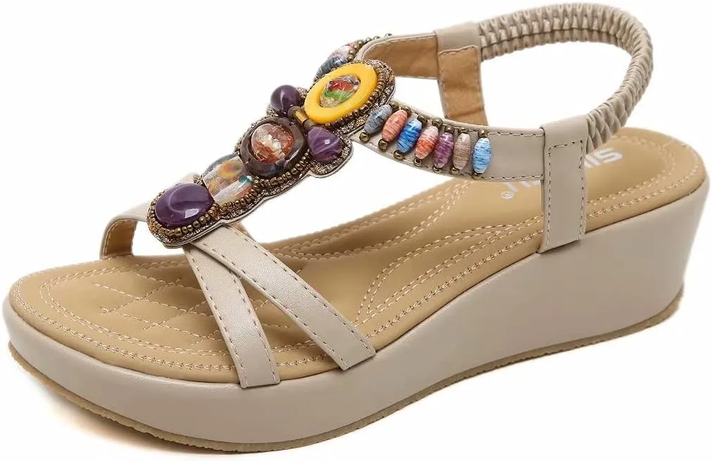 Wedge Sandals for Women Casual Summer Bohemian Rhinestone Beaded Platform Sandals Breathable Cutout Open Toe Elastic Band Dress Sandals Comfy Elastic Slingback T Strap Mid Heeled Beach Sandals