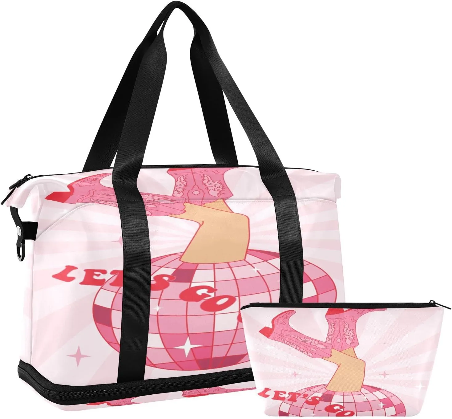 Weekender Overnight Bags for Women Cowgirl Boots with Disco Ball Travel Duffel Bag with Shoe Compartments Retro Female Legs Gym Duffel Bag with Toiletry Bag for Travel Sport Yoga 17 Inch