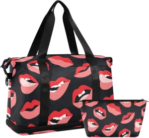 Weekender Overnight Bags for Women Lips Beauty Travel Duffel Bag with Shoe Compartments Fashion Gym Duffel Bag with Toiletry Bag for Travel Sport Yoga 17 Inch