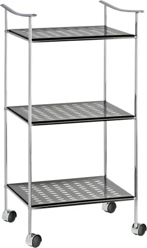 WENKO Bathroom Storage Cart, Rolling Cart with 3 Black Shelves, Utility Cart Made of Steel, 3 Tier Rolling Cart, Dimensions 15.9 x 29.7 x 14.4 in, Chrome