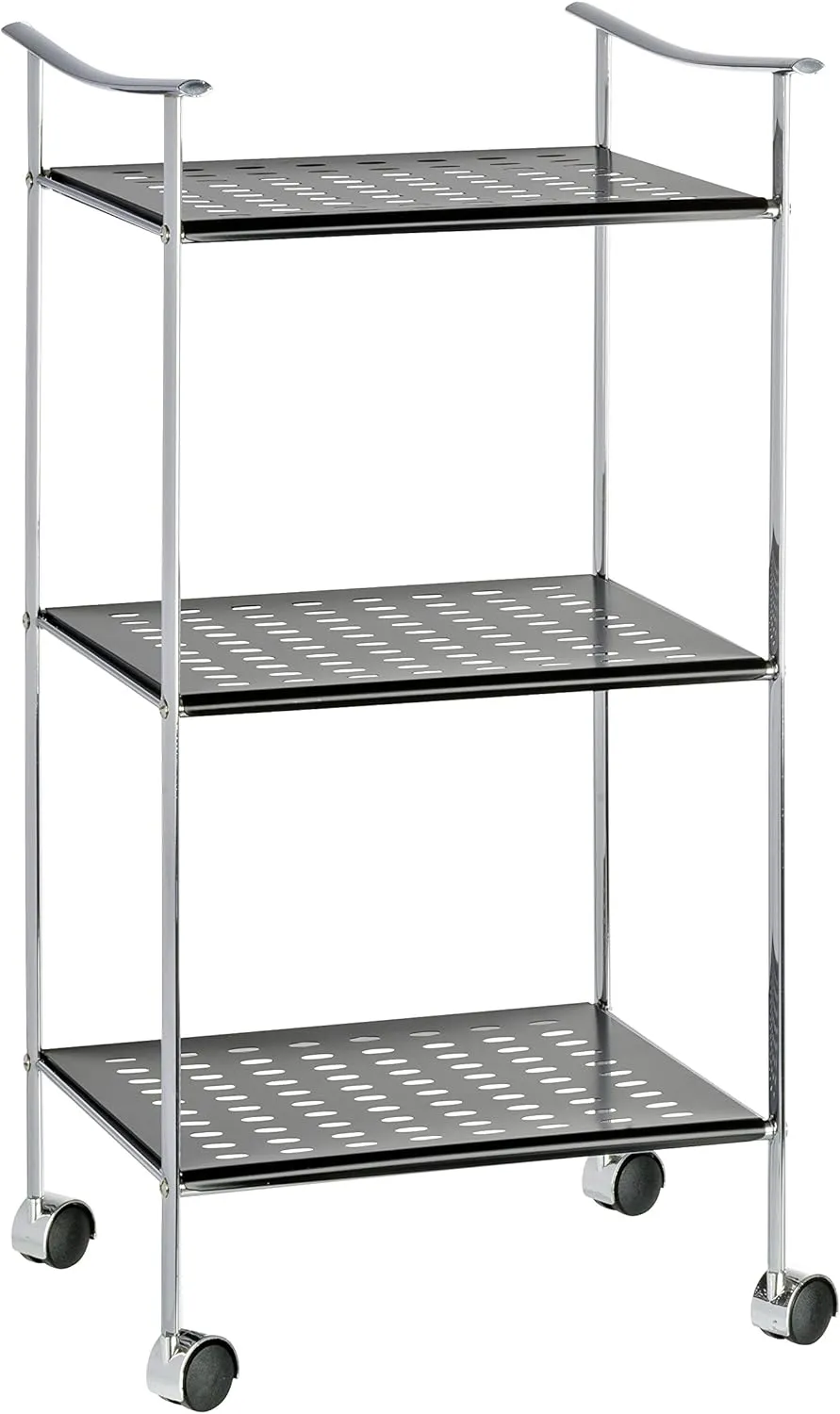 WENKO Bathroom Storage Cart, Rolling Cart with 3 Black Shelves, Utility Cart Made of Steel, 3 Tier Rolling Cart, Dimensions 15.9 x 29.7 x 14.4 in, Chrome