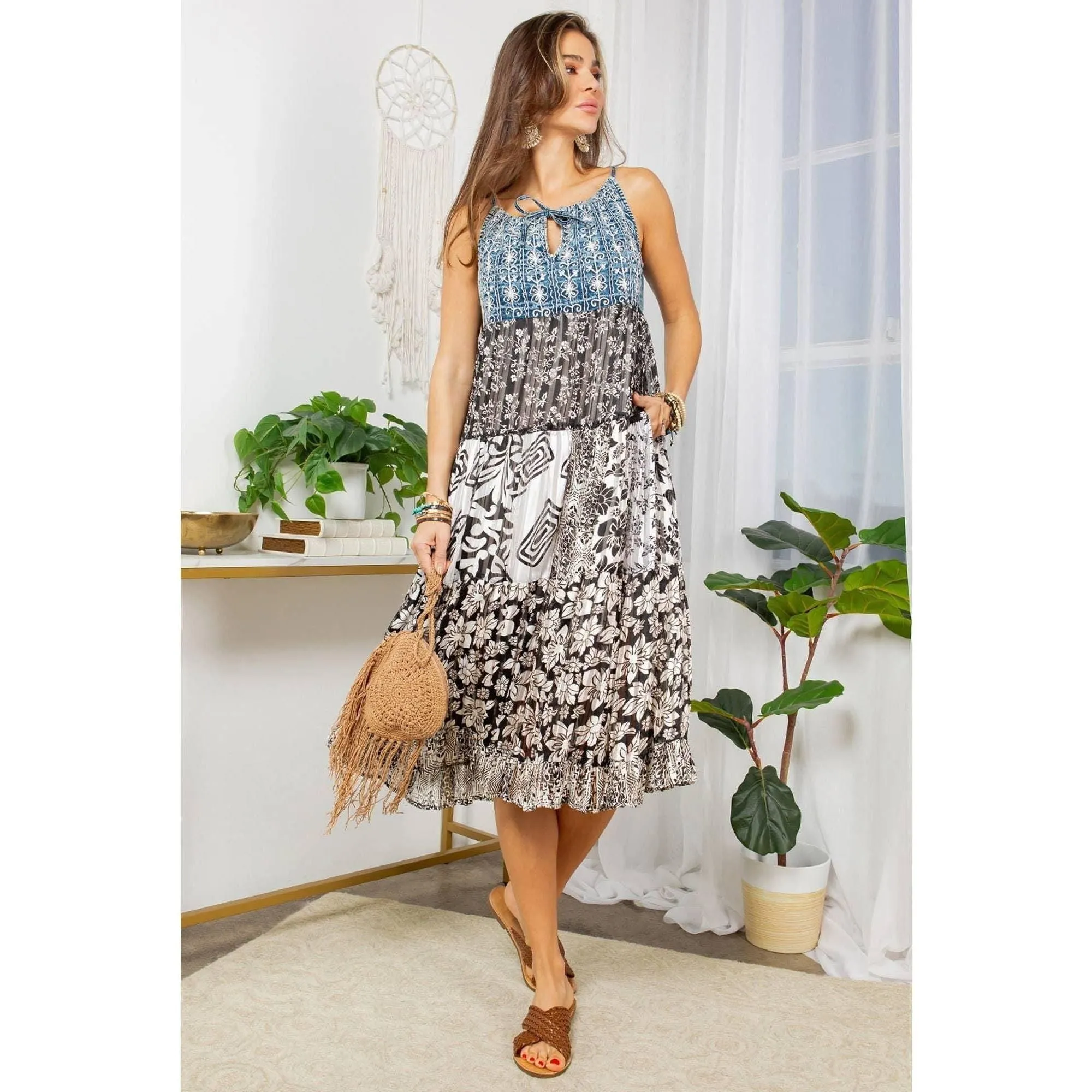 Western Charm With Aari Embroidered And Patchwork Dress: Black&White