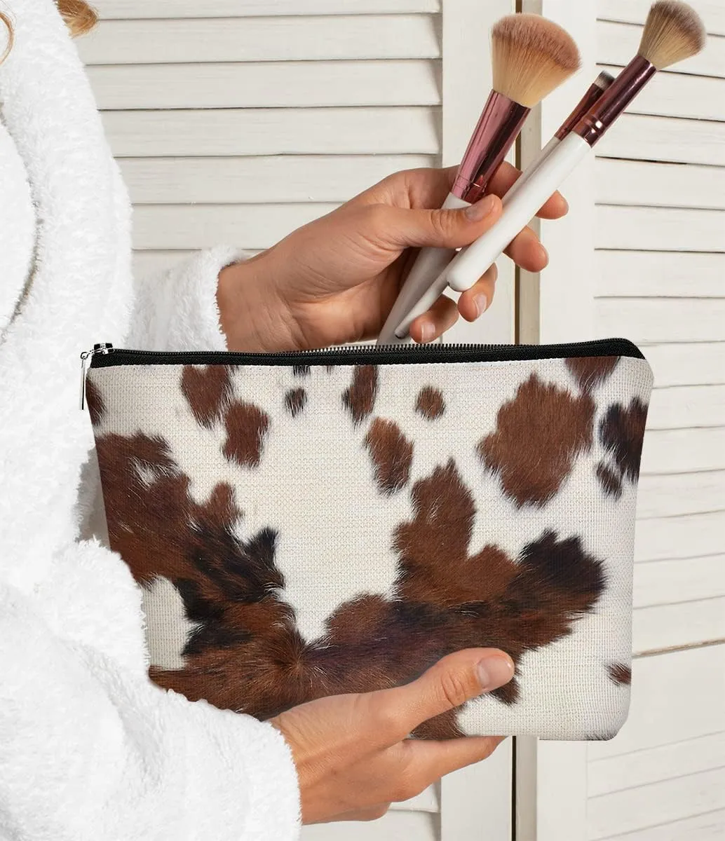 Western Cow Print Small Makeup Bag,Cowhide Pattern Cosmetic Bag Best Gift Idea for Cow Lovers Teen Girls Women, Western Accessories Birthday Christmas Day Gifts for Cow Mom Teen Girl Daughter Sister