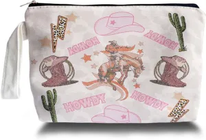 Western Cowboy Pink Makeup Bag - Cowboy Themed Lover Gifts for Girls Women Mom, Cosmetic Travel Bags for Women, Western Canvas Makeup Bag