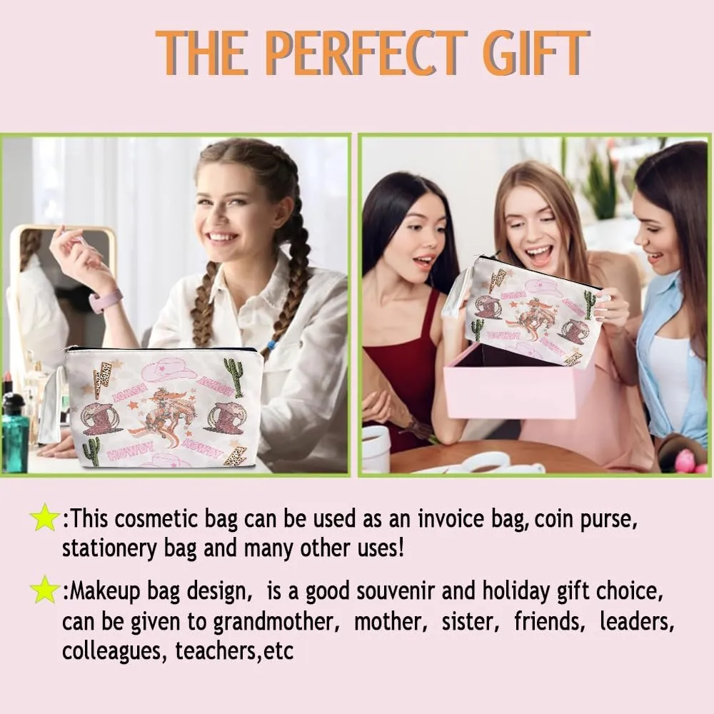Western Cowboy Pink Makeup Bag - Cowboy Themed Lover Gifts for Girls Women Mom, Cosmetic Travel Bags for Women, Western Canvas Makeup Bag