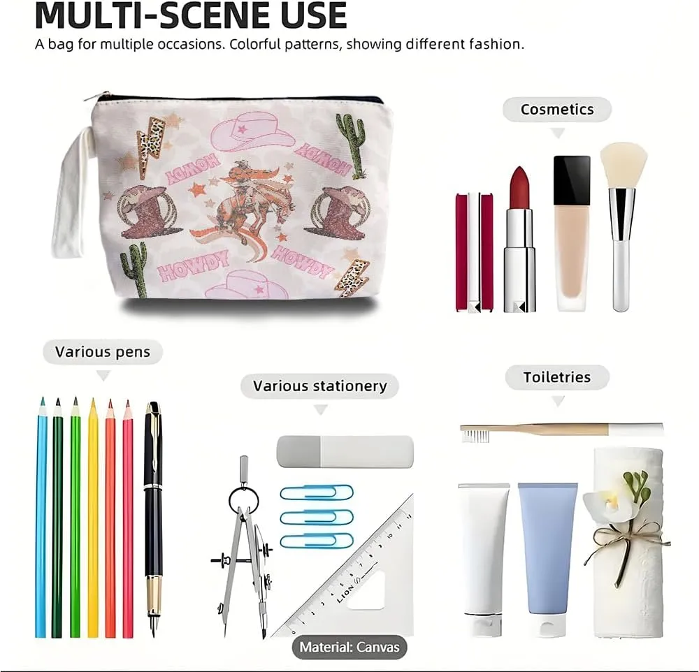 Western Cowboy Pink Makeup Bag - Cowboy Themed Lover Gifts for Girls Women Mom, Cosmetic Travel Bags for Women, Western Canvas Makeup Bag