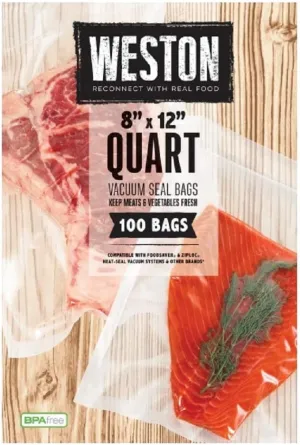 Weston Vacuum Sealer Bags for Food, 2 Ply 3mm Thick, for NutriFresh, FoodSaver & Other Heat-Seal Systems, for Meal Prep and Sous Vide, BPA Free, 8" x 12" (Quart), 100 count, Clear