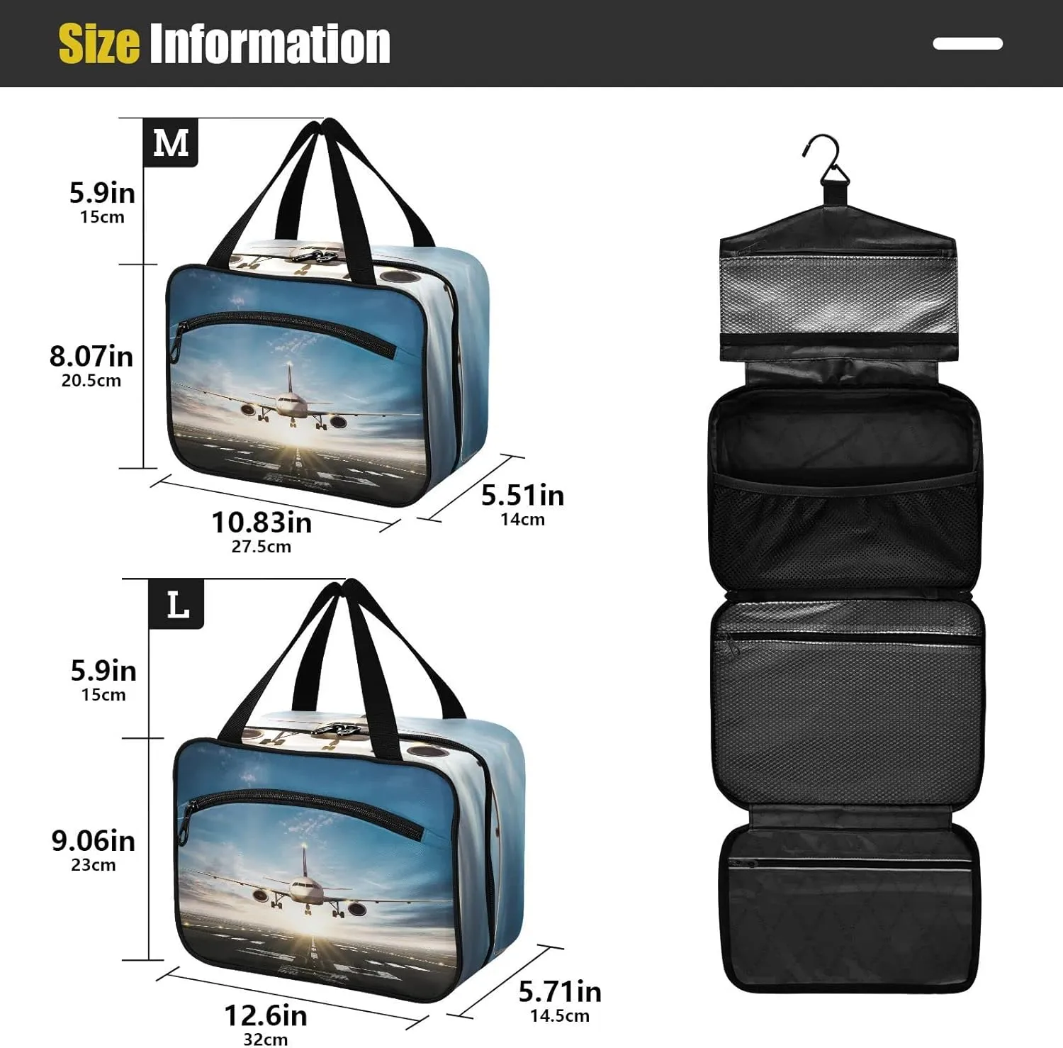 White Aircraft Take Off Runway in Daylight Sunrise Women's Portable Makeup Bag with Handle Cosmetic Bag, Twill Cloth Travel Cosmetic Bag, Polyester Toiletry Bag for Women L Size