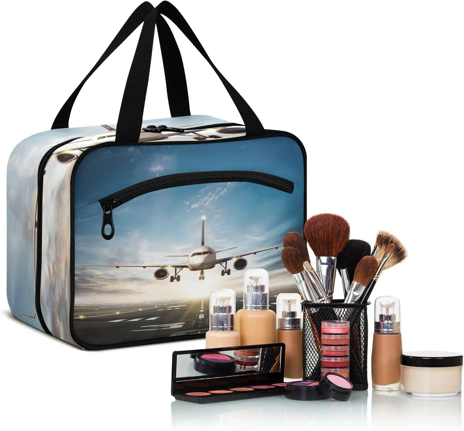 White Aircraft Take Off Runway in Daylight Sunrise Women's Portable Makeup Bag with Handle Cosmetic Bag, Twill Cloth Travel Cosmetic Bag, Polyester Toiletry Bag for Women L Size