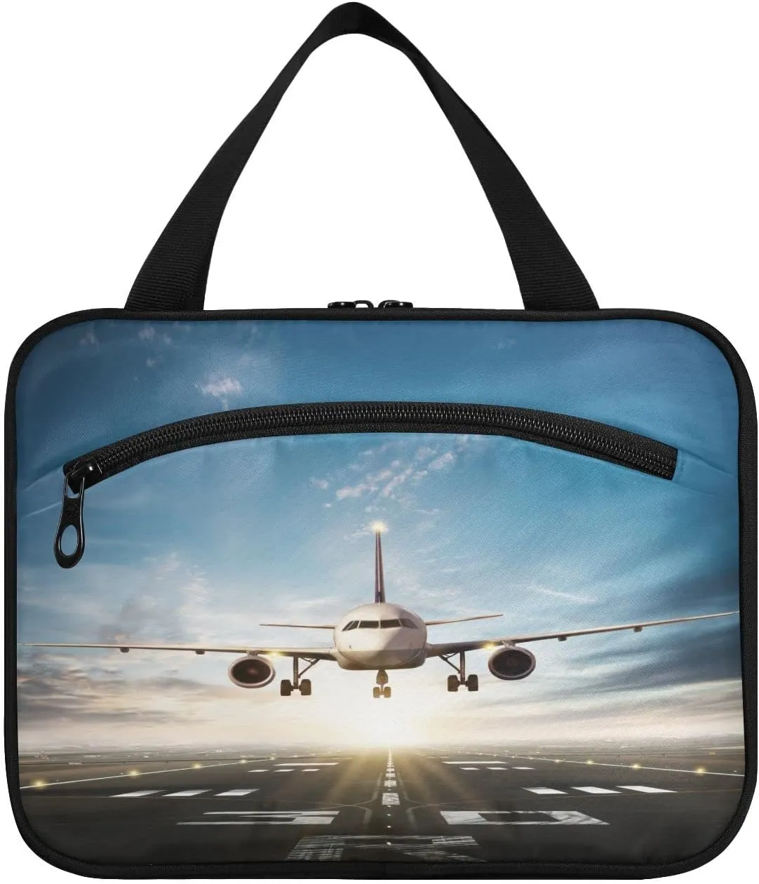White Aircraft Take Off Runway in Daylight Sunrise Women's Portable Makeup Bag with Handle Cosmetic Bag, Twill Cloth Travel Cosmetic Bag, Polyester Toiletry Bag for Women L Size