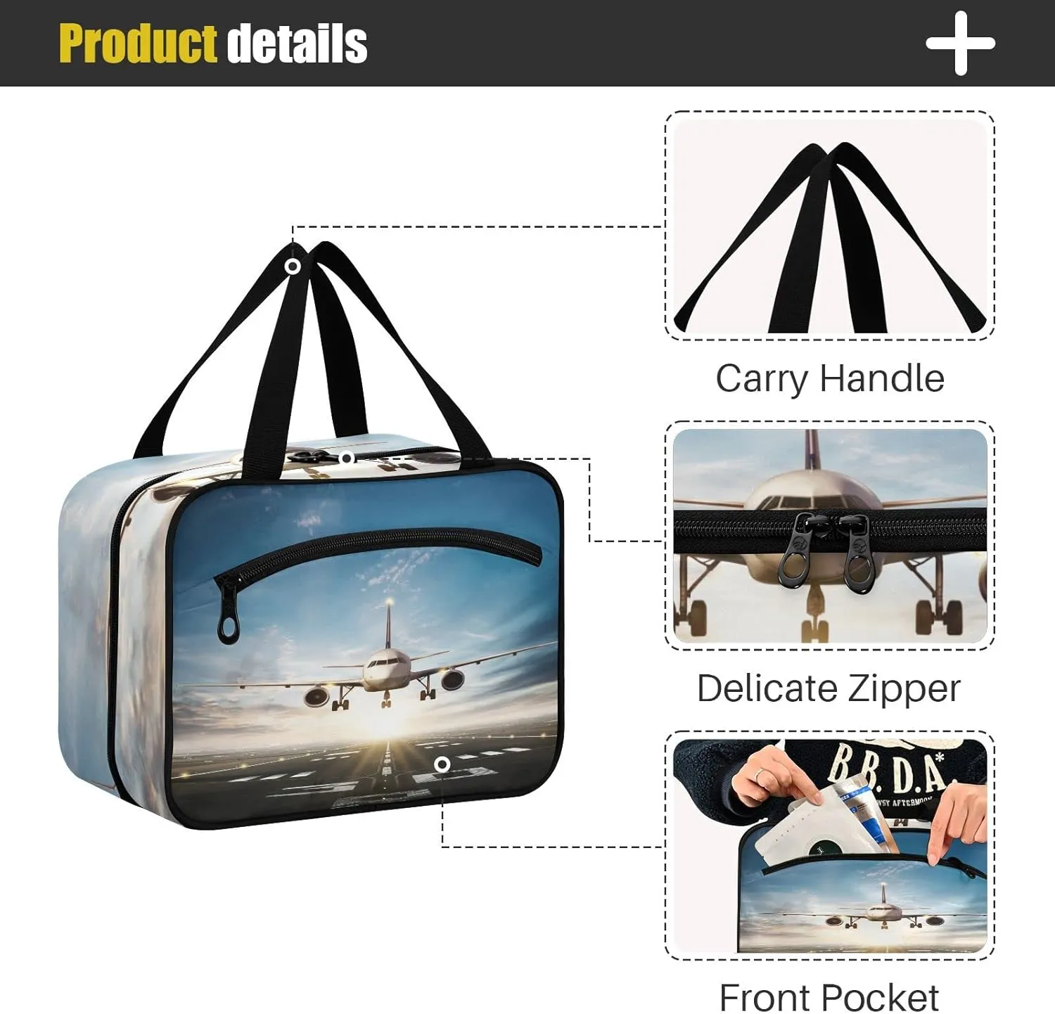 White Aircraft Take Off Runway in Daylight Sunrise Women's Portable Makeup Bag with Handle Cosmetic Bag, Twill Cloth Travel Cosmetic Bag, Polyester Toiletry Bag for Women L Size