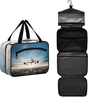 White Aircraft Take Off Runway in Daylight Sunrise Women's Portable Makeup Bag with Handle Cosmetic Bag, Twill Cloth Travel Cosmetic Bag, Polyester Toiletry Bag for Women L Size