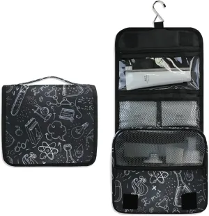 White Science Lab Objects Doodles on Chalkboard Hanging Wash Gargle Toiletry Bag Travel Cosmetic Makeup Case Organizer Storage Large Portable