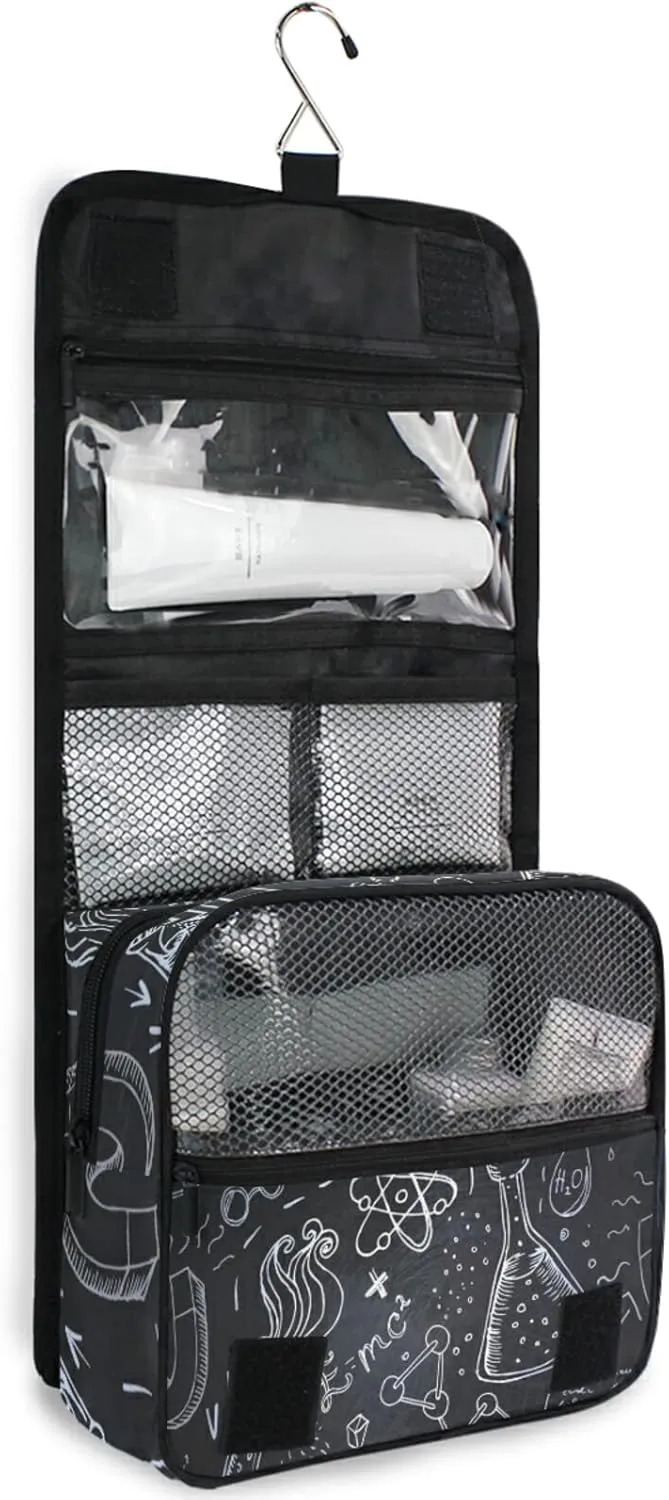 White Science Lab Objects Doodles on Chalkboard Hanging Wash Gargle Toiletry Bag Travel Cosmetic Makeup Case Organizer Storage Large Portable