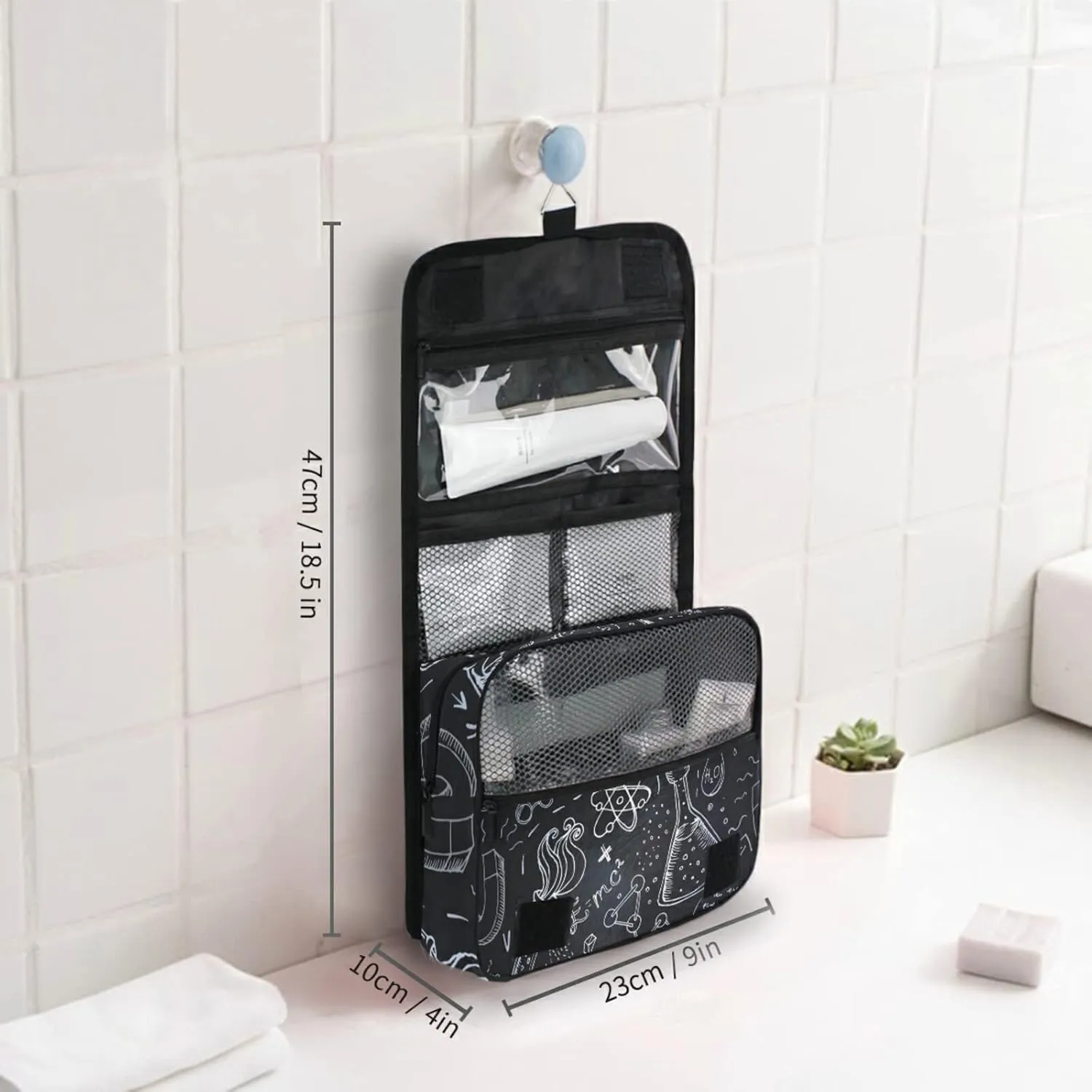 White Science Lab Objects Doodles on Chalkboard Hanging Wash Gargle Toiletry Bag Travel Cosmetic Makeup Case Organizer Storage Large Portable