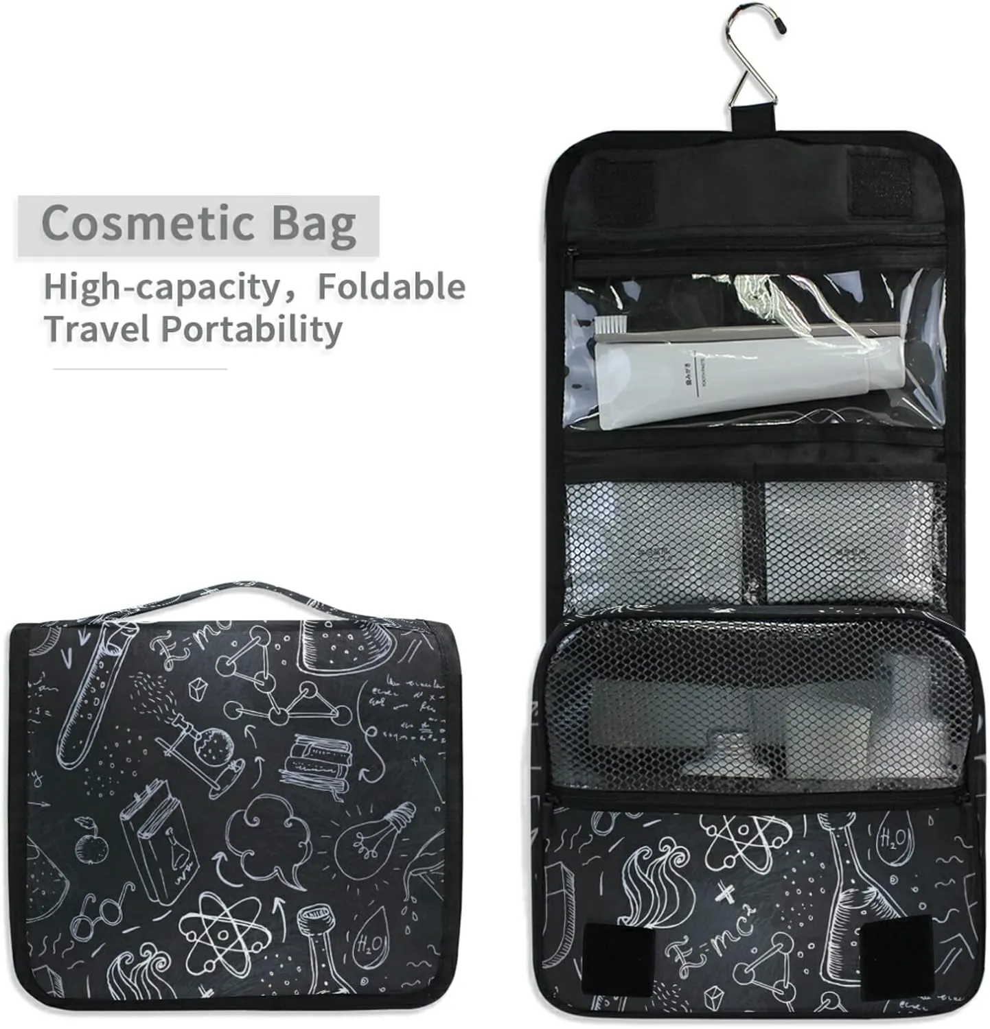 White Science Lab Objects Doodles on Chalkboard Hanging Wash Gargle Toiletry Bag Travel Cosmetic Makeup Case Organizer Storage Large Portable