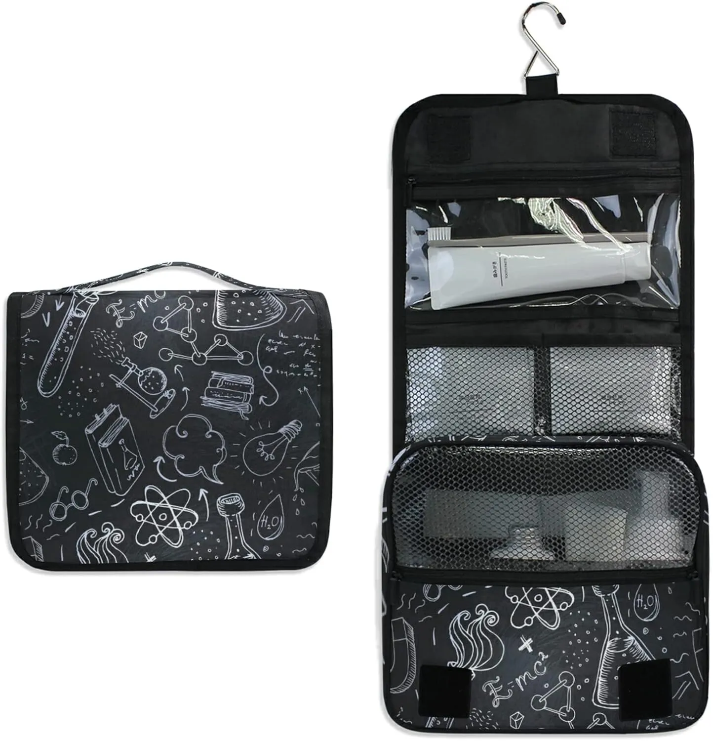 White Science Lab Objects Doodles on Chalkboard Hanging Wash Gargle Toiletry Bag Travel Cosmetic Makeup Case Organizer Storage Large Portable