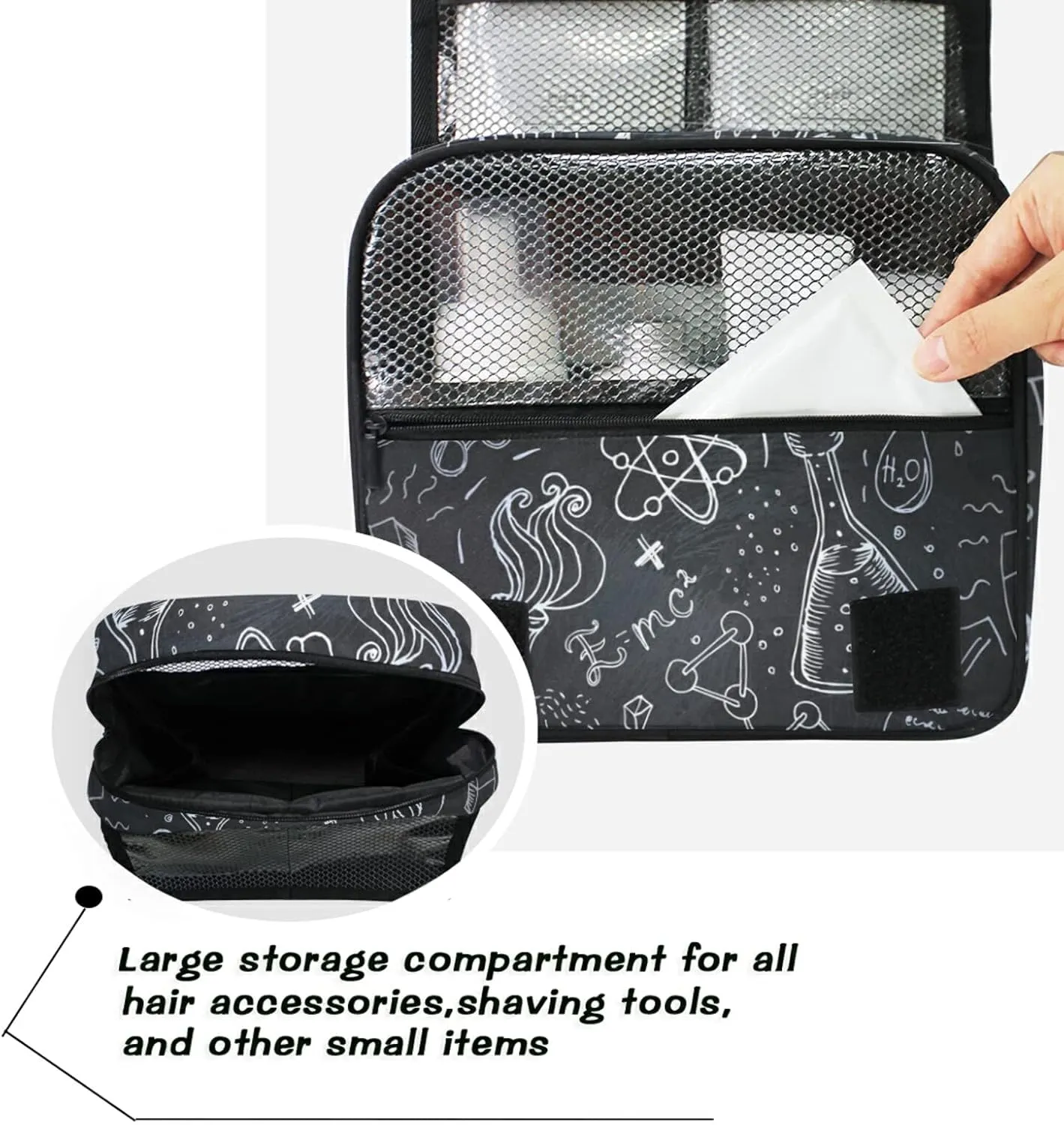 White Science Lab Objects Doodles on Chalkboard Hanging Wash Gargle Toiletry Bag Travel Cosmetic Makeup Case Organizer Storage Large Portable