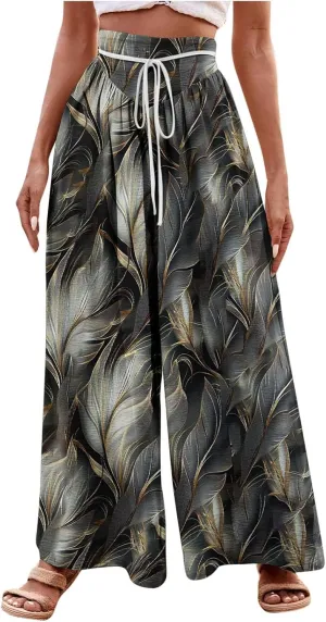 Wide Leg Pants for Women Vintage Floral Printed Casual Summer High Waisted Lounge Flowy Beach Palazzo Trousers