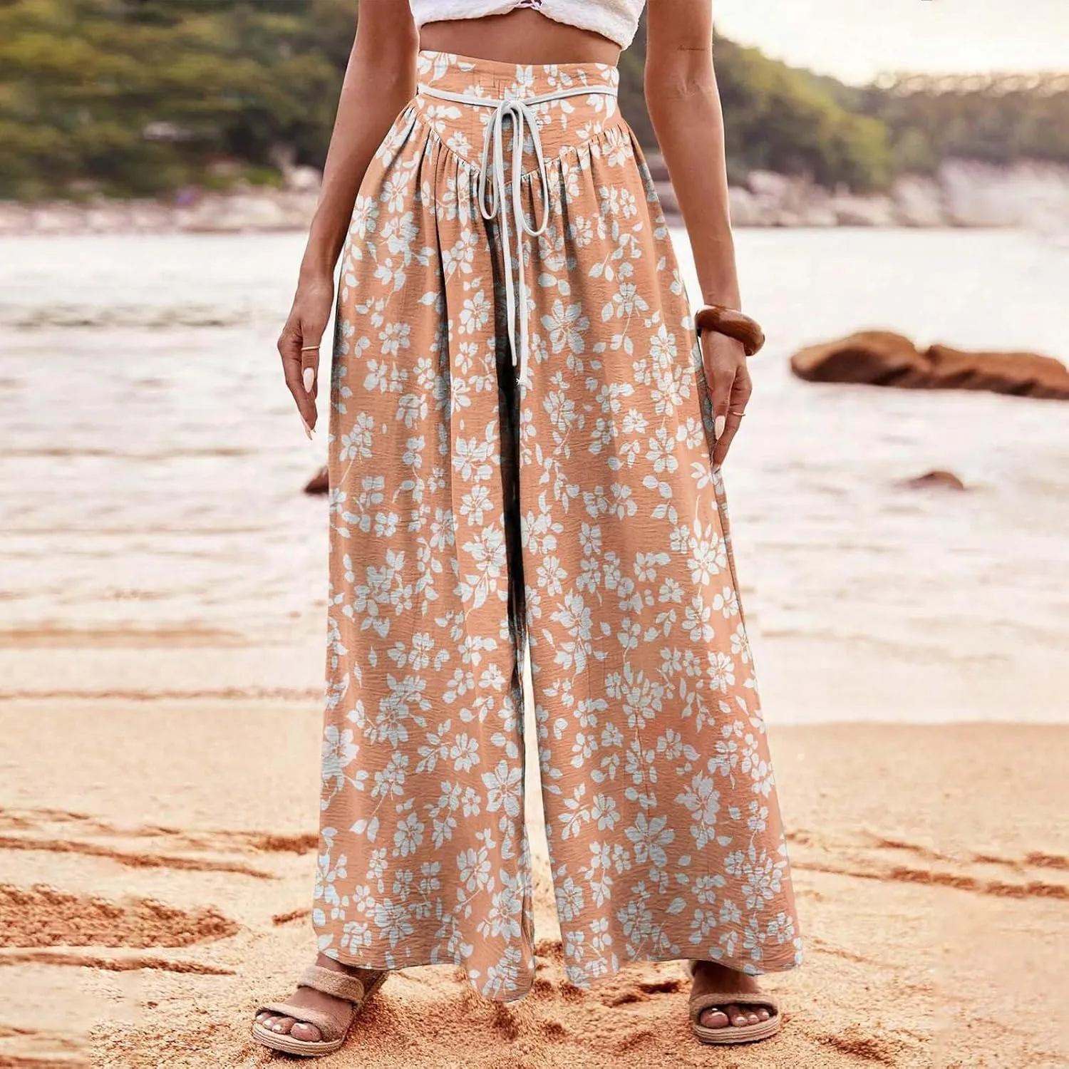 Wide Leg Pants for Women Vintage Floral Printed Casual Summer High Waisted Lounge Flowy Beach Palazzo Trousers