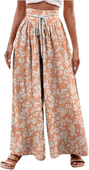 Wide Leg Pants for Women Vintage Floral Printed Casual Summer High Waisted Lounge Flowy Beach Palazzo Trousers