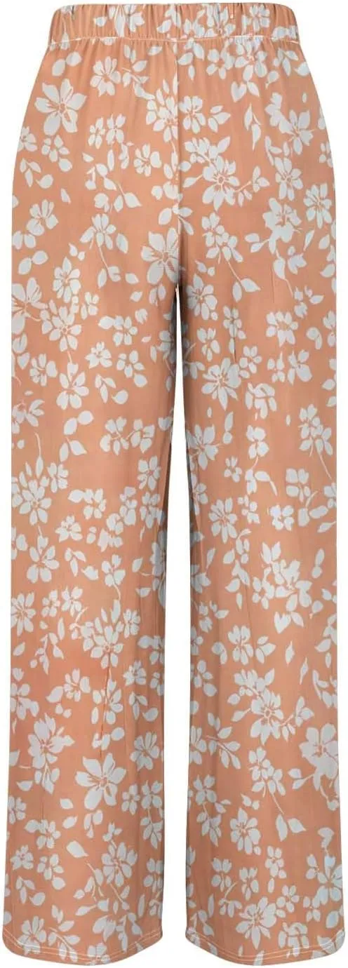 Wide Leg Pants for Women Vintage Floral Printed Casual Summer High Waisted Lounge Flowy Beach Palazzo Trousers