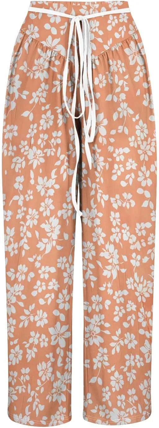 Wide Leg Pants for Women Vintage Floral Printed Casual Summer High Waisted Lounge Flowy Beach Palazzo Trousers