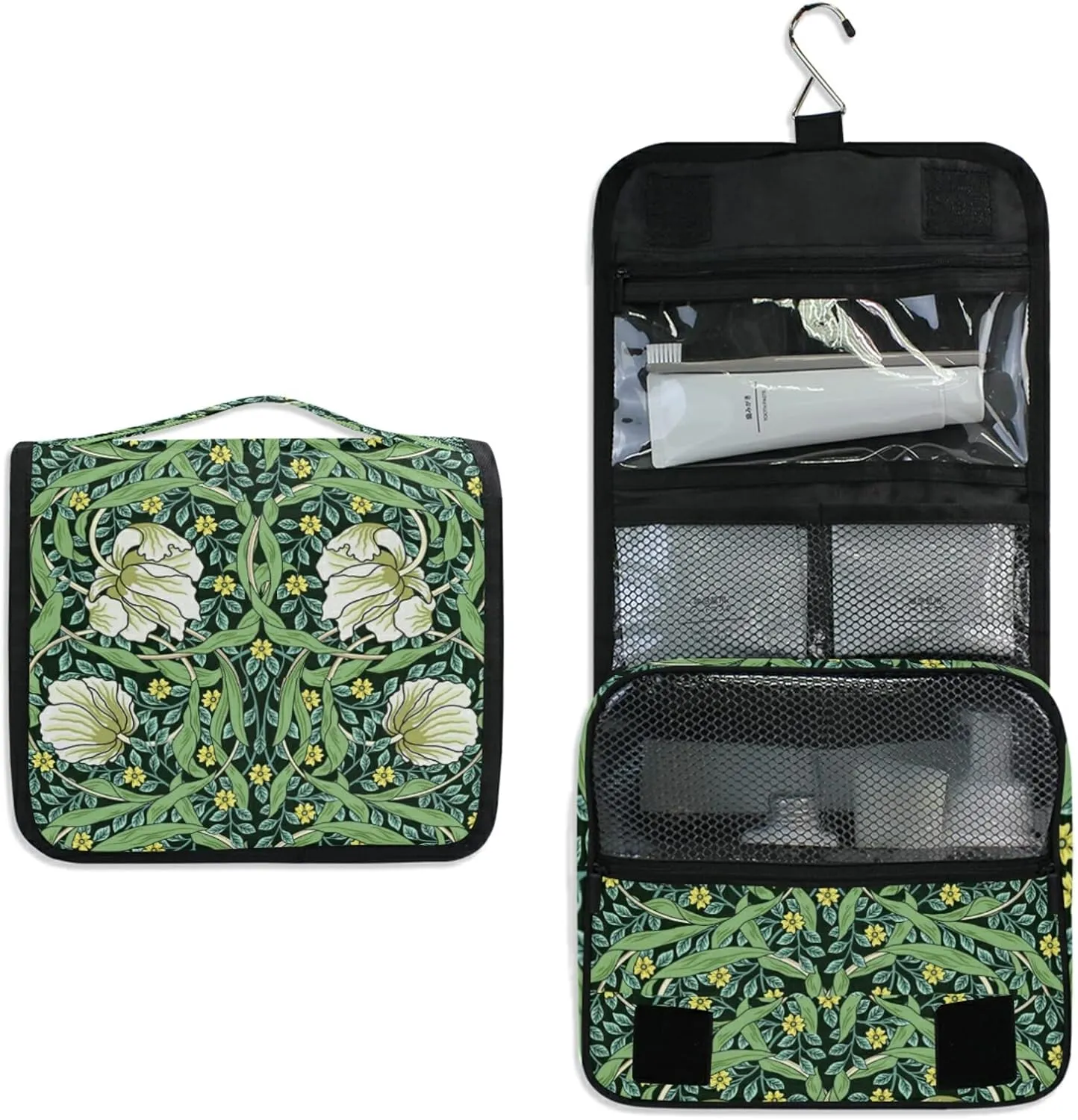 William Morris White Flowers, Yellow Flowers, Green Foliage Leaves Hanging Wash Gargle Toiletry Bag Travel Cosmetic Makeup Case Organizer Storage Large Portable