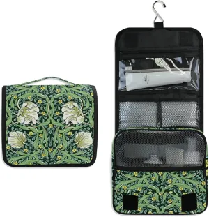 William Morris White Flowers, Yellow Flowers, Green Foliage Leaves Hanging Wash Gargle Toiletry Bag Travel Cosmetic Makeup Case Organizer Storage Large Portable