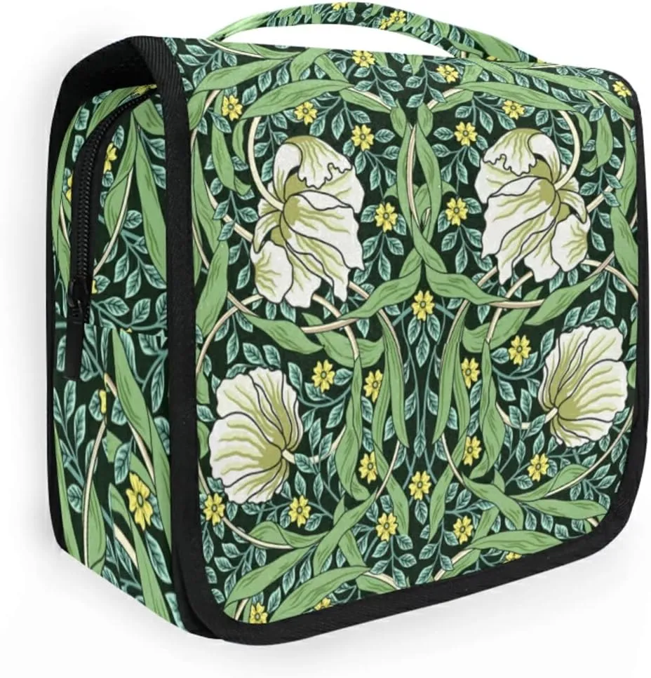 William Morris White Flowers, Yellow Flowers, Green Foliage Leaves Hanging Wash Gargle Toiletry Bag Travel Cosmetic Makeup Case Organizer Storage Large Portable