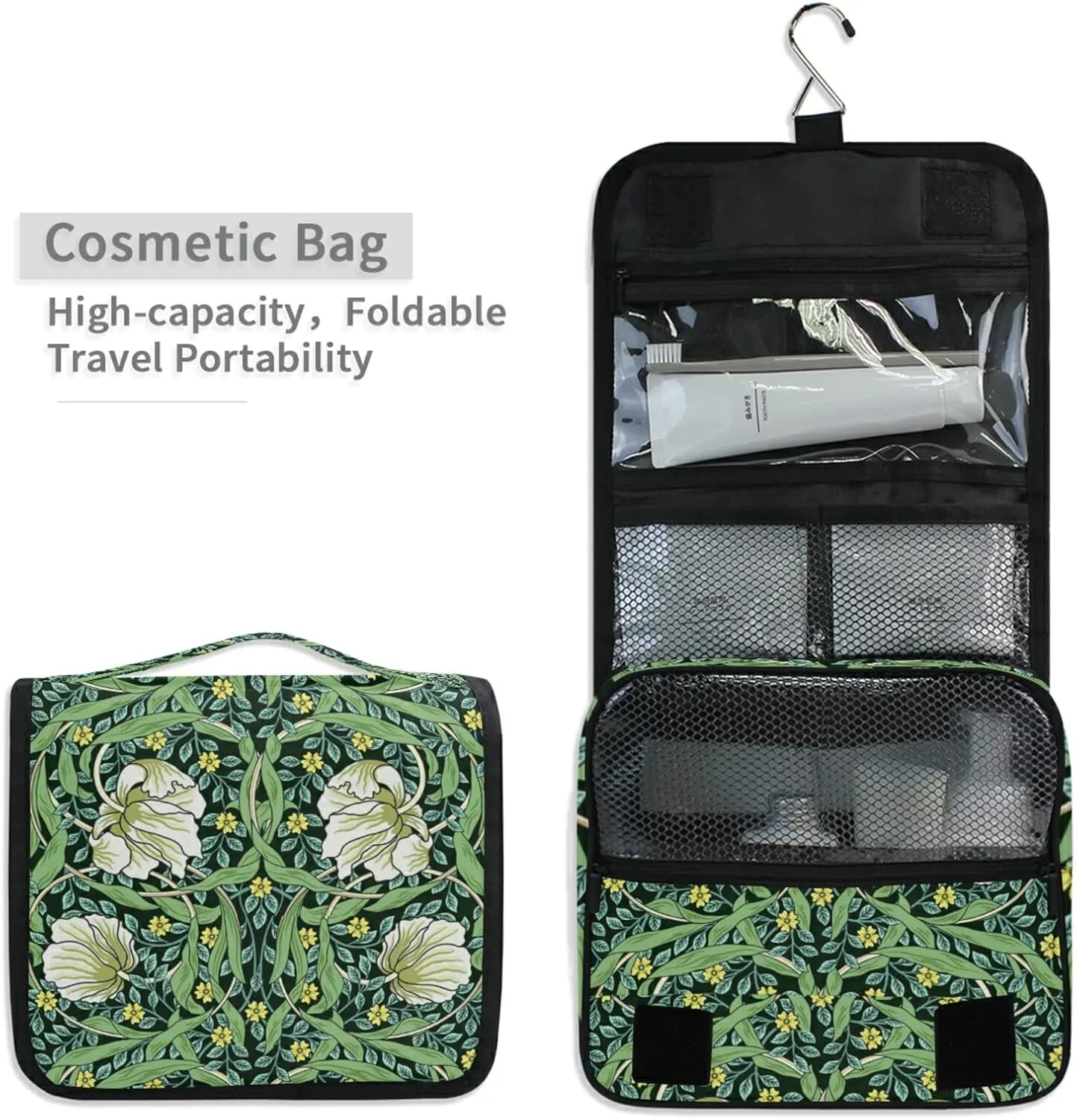 William Morris White Flowers, Yellow Flowers, Green Foliage Leaves Hanging Wash Gargle Toiletry Bag Travel Cosmetic Makeup Case Organizer Storage Large Portable
