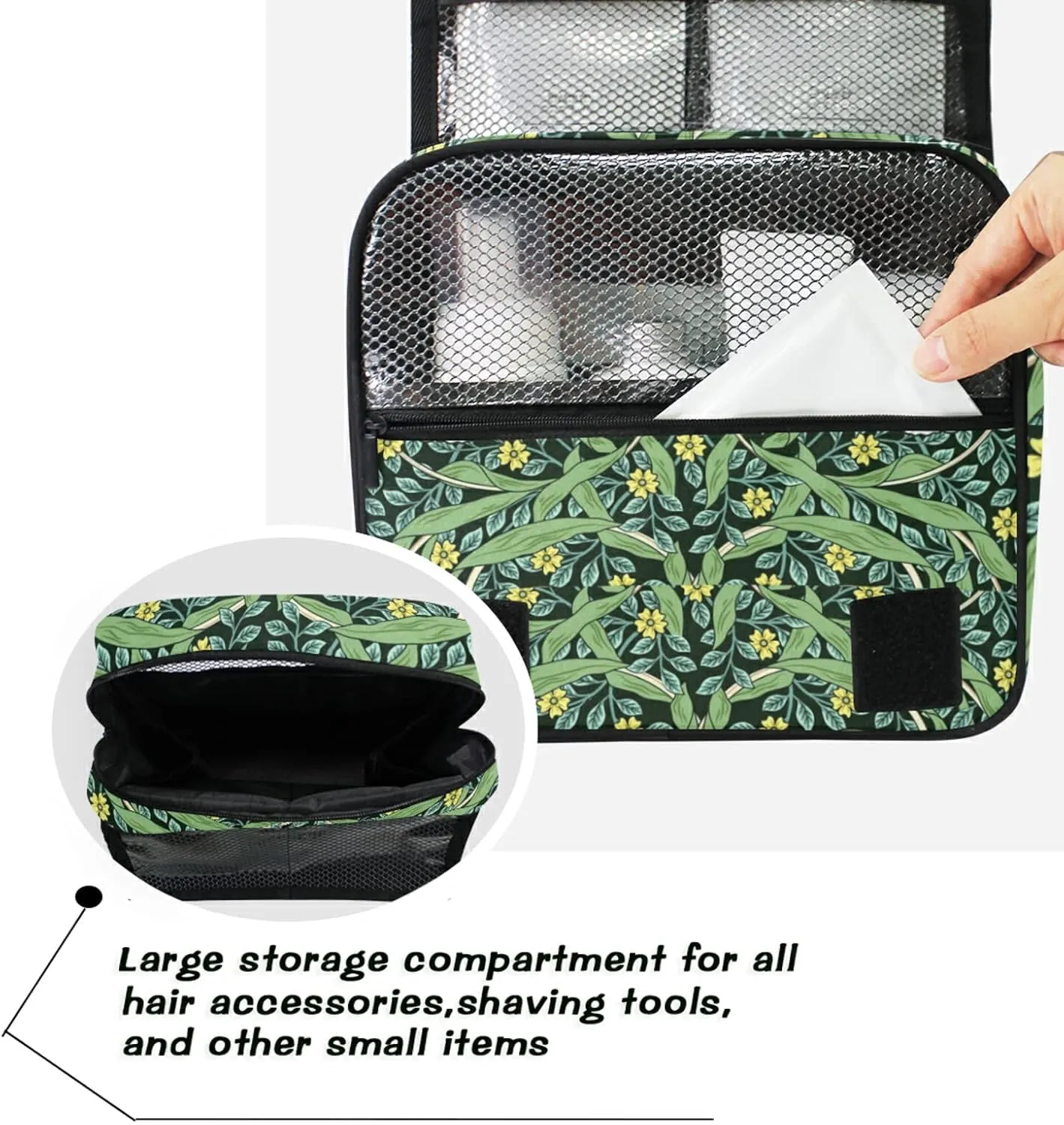 William Morris White Flowers, Yellow Flowers, Green Foliage Leaves Hanging Wash Gargle Toiletry Bag Travel Cosmetic Makeup Case Organizer Storage Large Portable