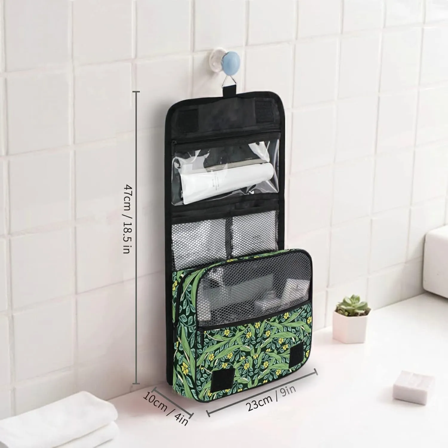 William Morris White Flowers, Yellow Flowers, Green Foliage Leaves Hanging Wash Gargle Toiletry Bag Travel Cosmetic Makeup Case Organizer Storage Large Portable