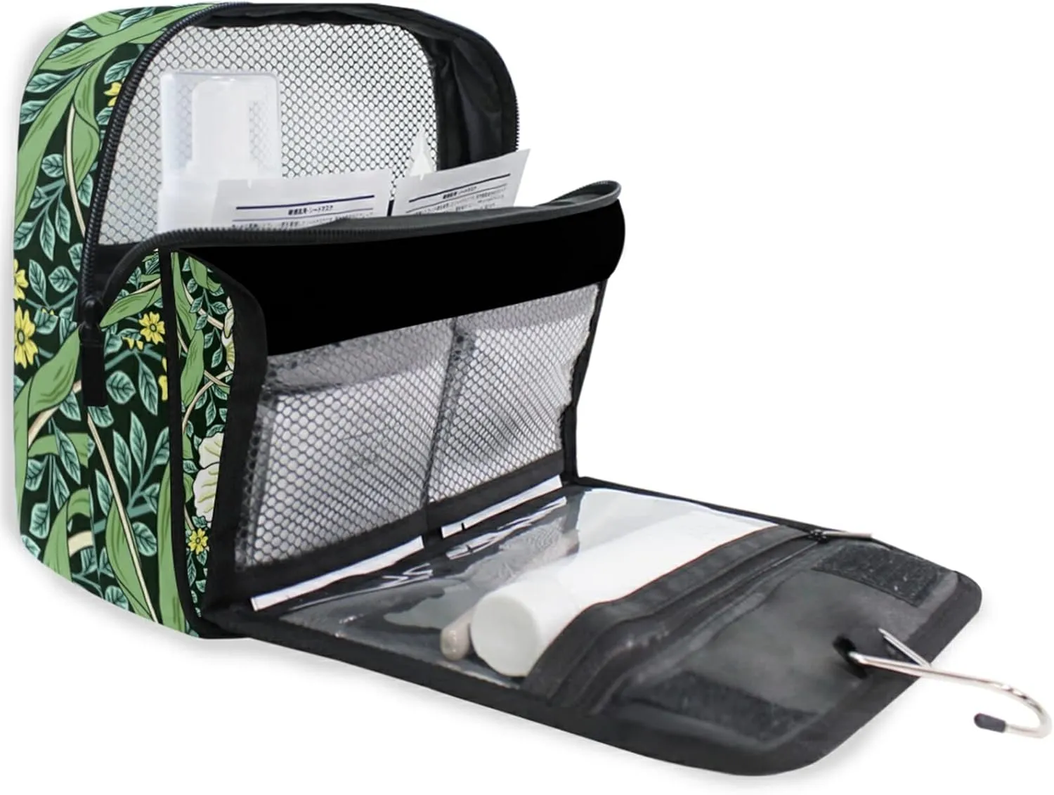 William Morris White Flowers, Yellow Flowers, Green Foliage Leaves Hanging Wash Gargle Toiletry Bag Travel Cosmetic Makeup Case Organizer Storage Large Portable