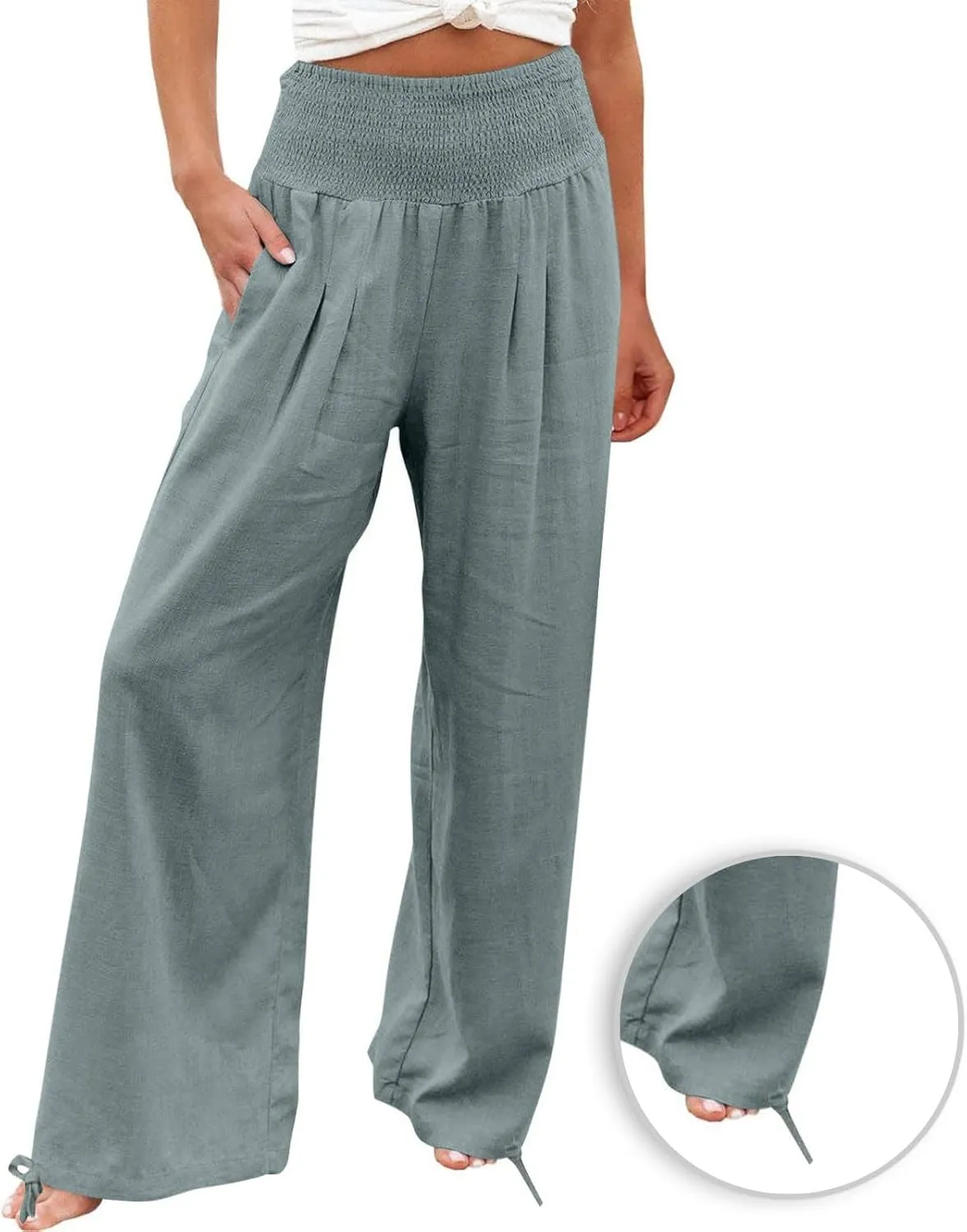 Women Cotton Linen Palazzo Pants Flowy Wide Leg Pants with Pockets Capris Pants Full Length Trousers Baggy Slacks