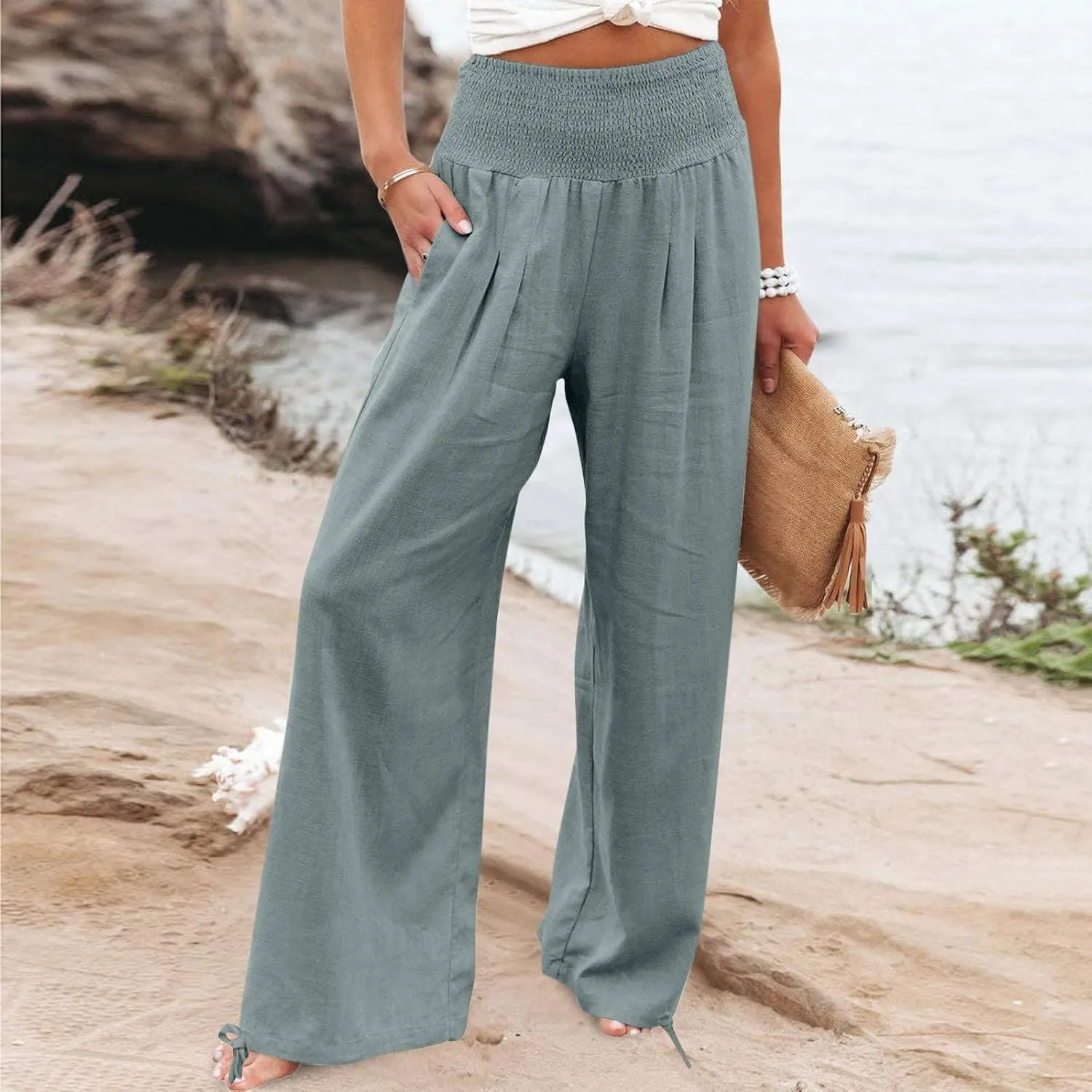 Women Cotton Linen Palazzo Pants Flowy Wide Leg Pants with Pockets Capris Pants Full Length Trousers Baggy Slacks