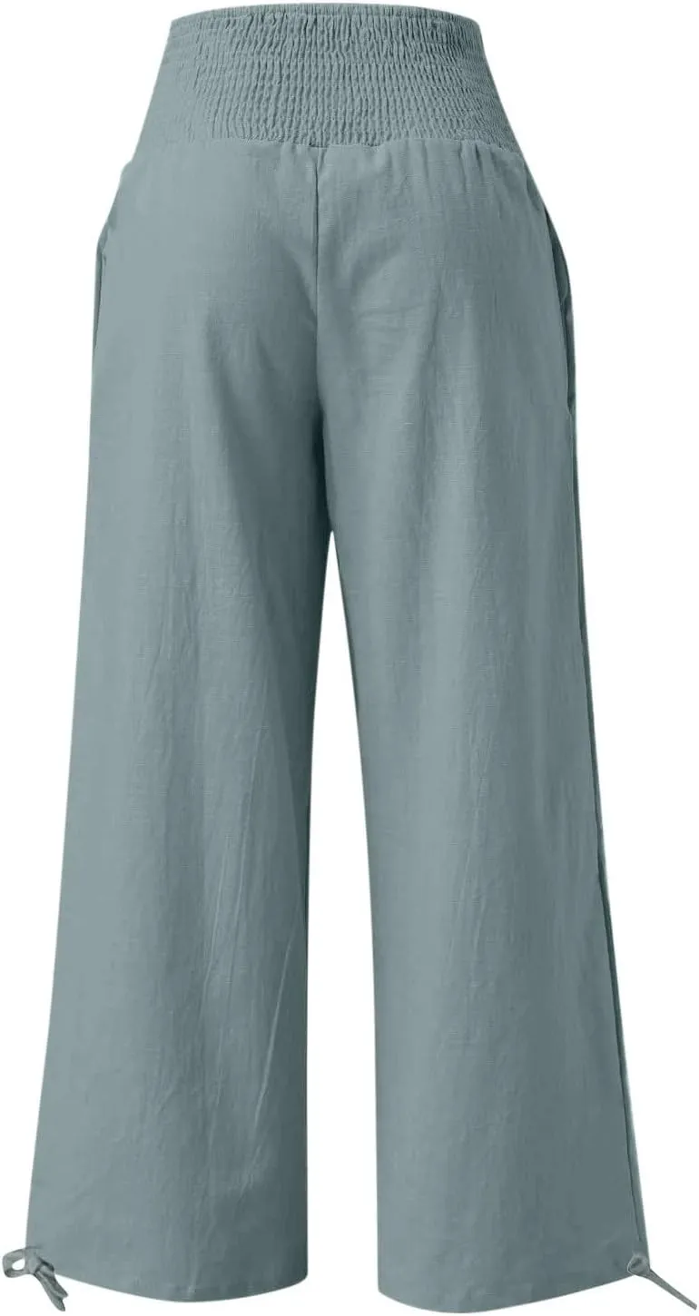 Women Cotton Linen Palazzo Pants Flowy Wide Leg Pants with Pockets Capris Pants Full Length Trousers Baggy Slacks